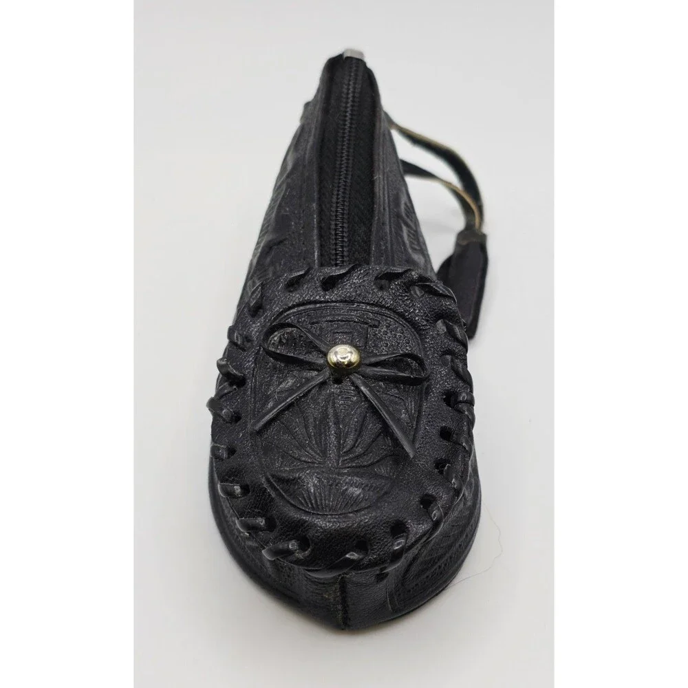 Vintage black leather shoe coin purse with zipper Horses Mexico